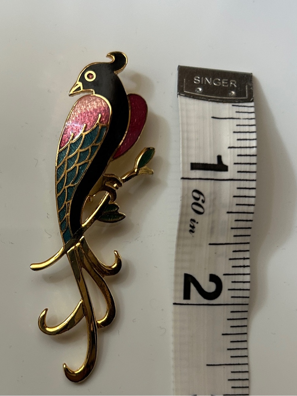 Enamel Parrot Brooch in Black, Pink, Blue & Gold